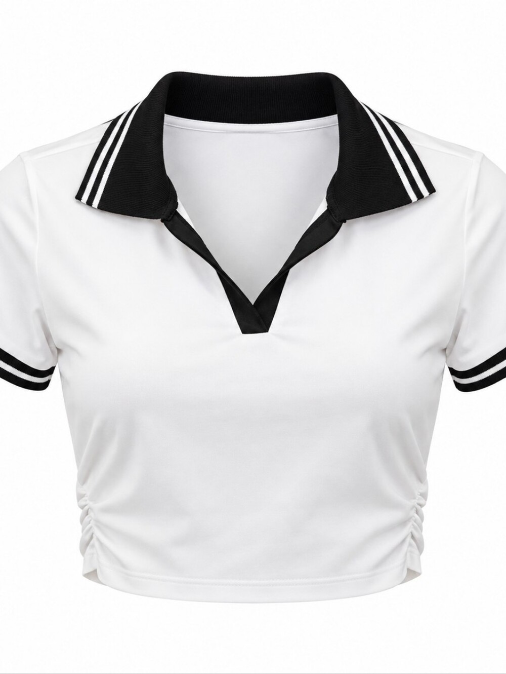Women's White Cropped Polo Top with Black Contrast Collar